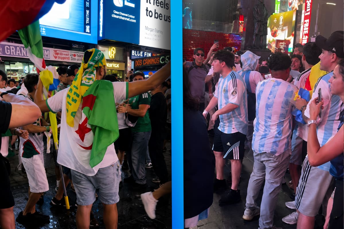 VIDEO: Aficionado de Argentina y Argelia protagonizan pelea en Times Square previo al partido del Mundial