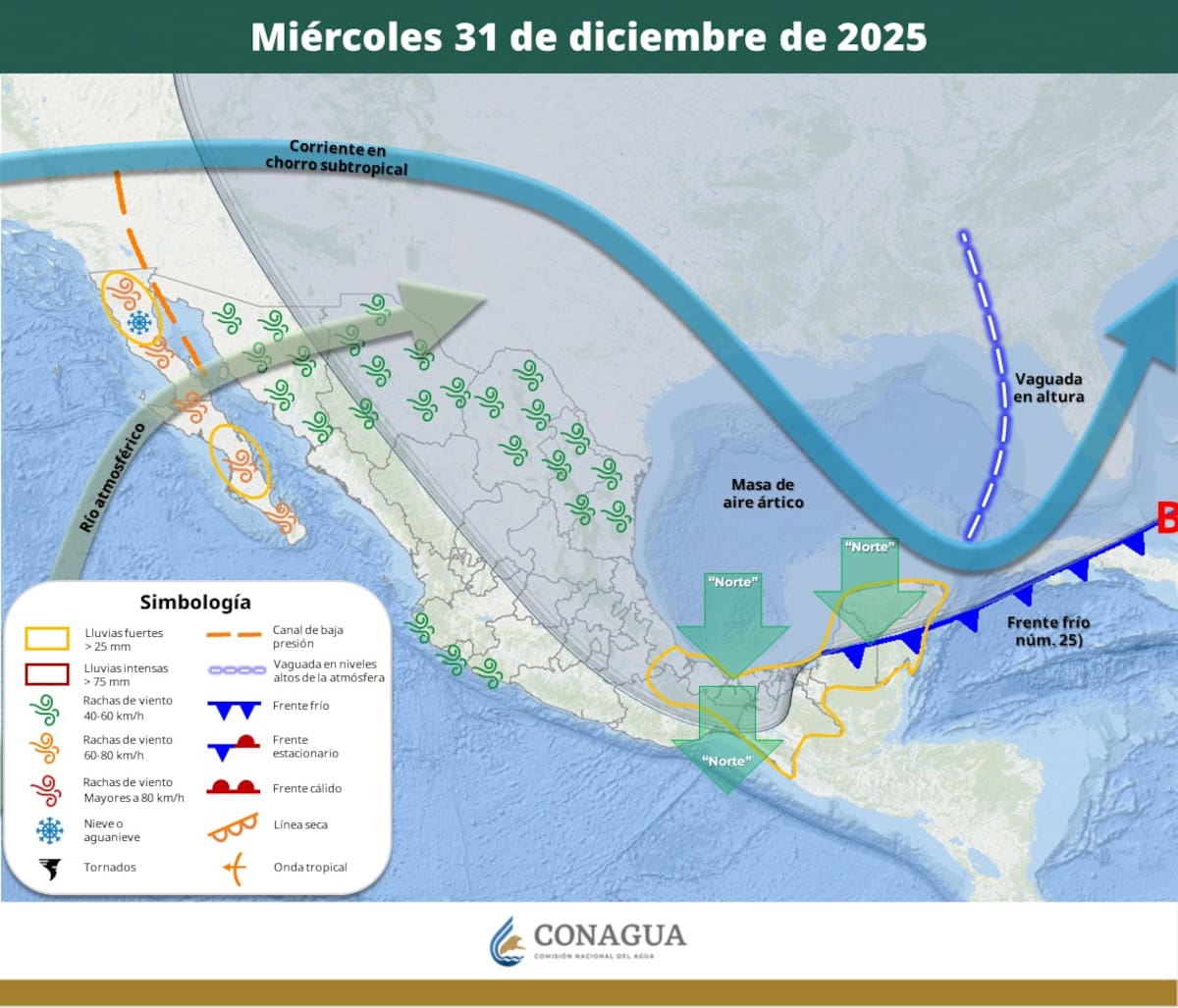 Pronóstico del clima para el miércoles 31 de diciembre del 2025. | Crédito: SMN