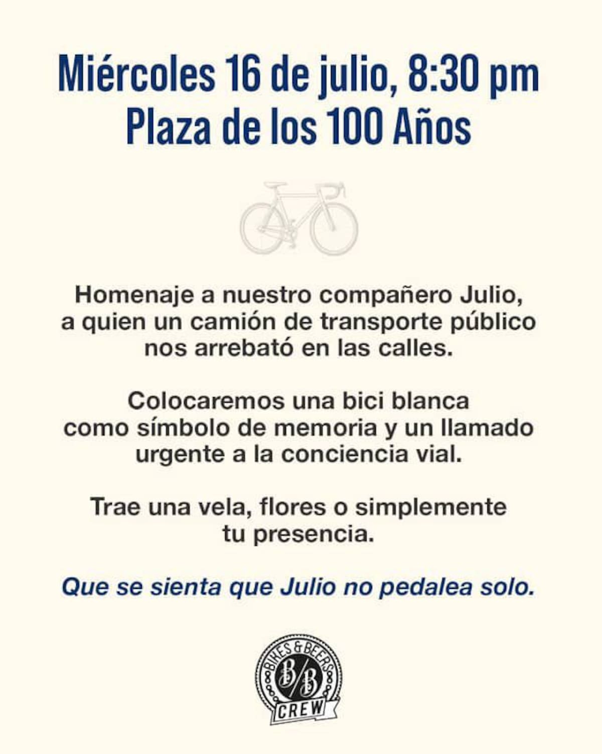 Durante el homenaje, se colocará una bicicleta blanca en memoria de Julio y como símbolo de la lucha por la seguridad vial. Foto: Cortesía
