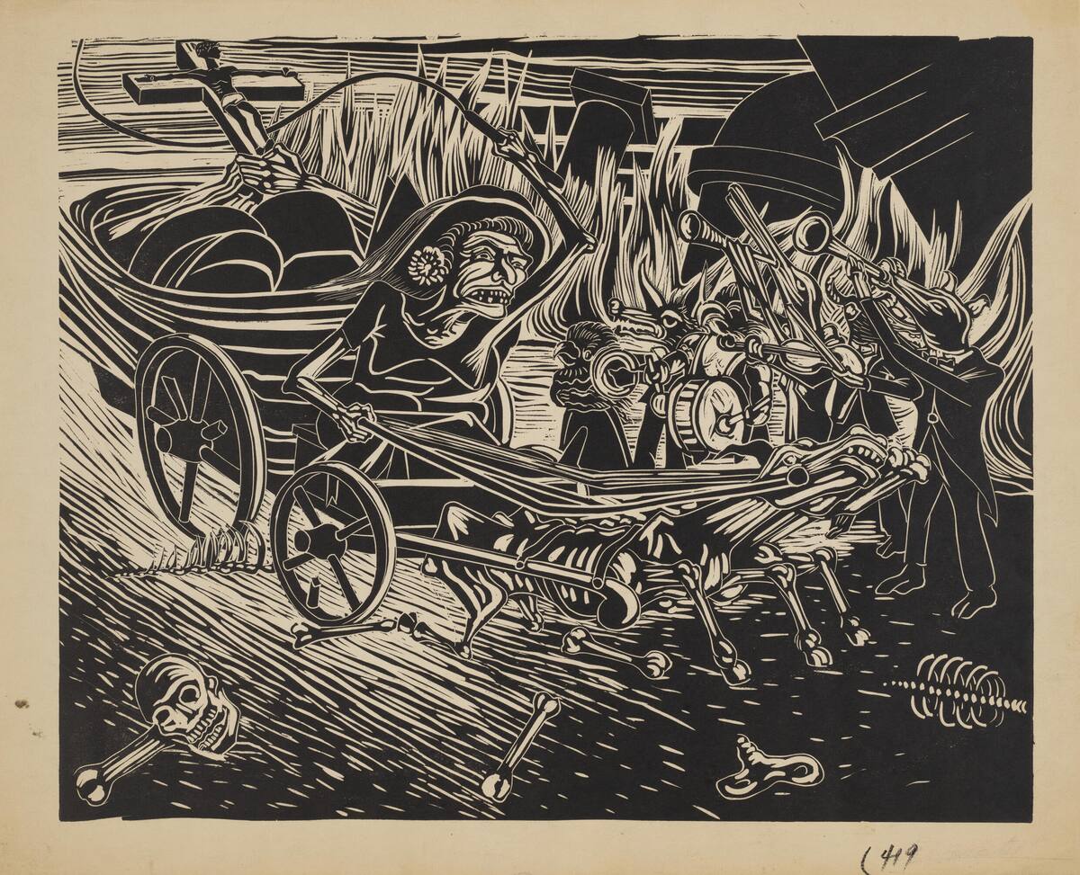 Foto proporcionada por el Museo Metropolitano de Arte de Nueva York de un grabado del artista Francisco Dosamantes "El carro de la muerte" que forma parte de la colección de 300 obras sobre temas mexicanos que la pareja de coleccionistas JoAnn Edinburg Pinkowitz y Richard Pinkowitz acaba de donar al museo neoyorquino © mark morosse / Metropolitan Museum of Art/AFP