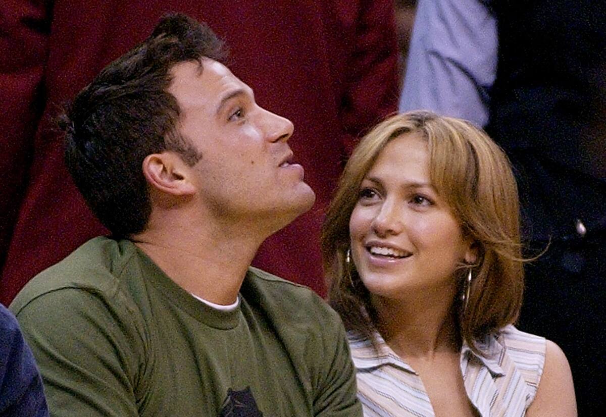 Actors Ben Affleck and Jennifer Lopez sit together during Game 4 of the Western Conference Semifinals between the Los Angeles Lakers and the San Antonio Spurs, Sunday, May 11, 2003, in Los Angeles. The Lakers won, 99-95, to even the series at 2-2. (AP Photo/Mark J. Terrill)