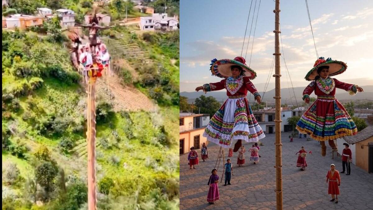 Así se salvó un volador de Papantla en Puebla de caer a más de 20 metros de altura tras perder el equilibrio por fuertes vientos