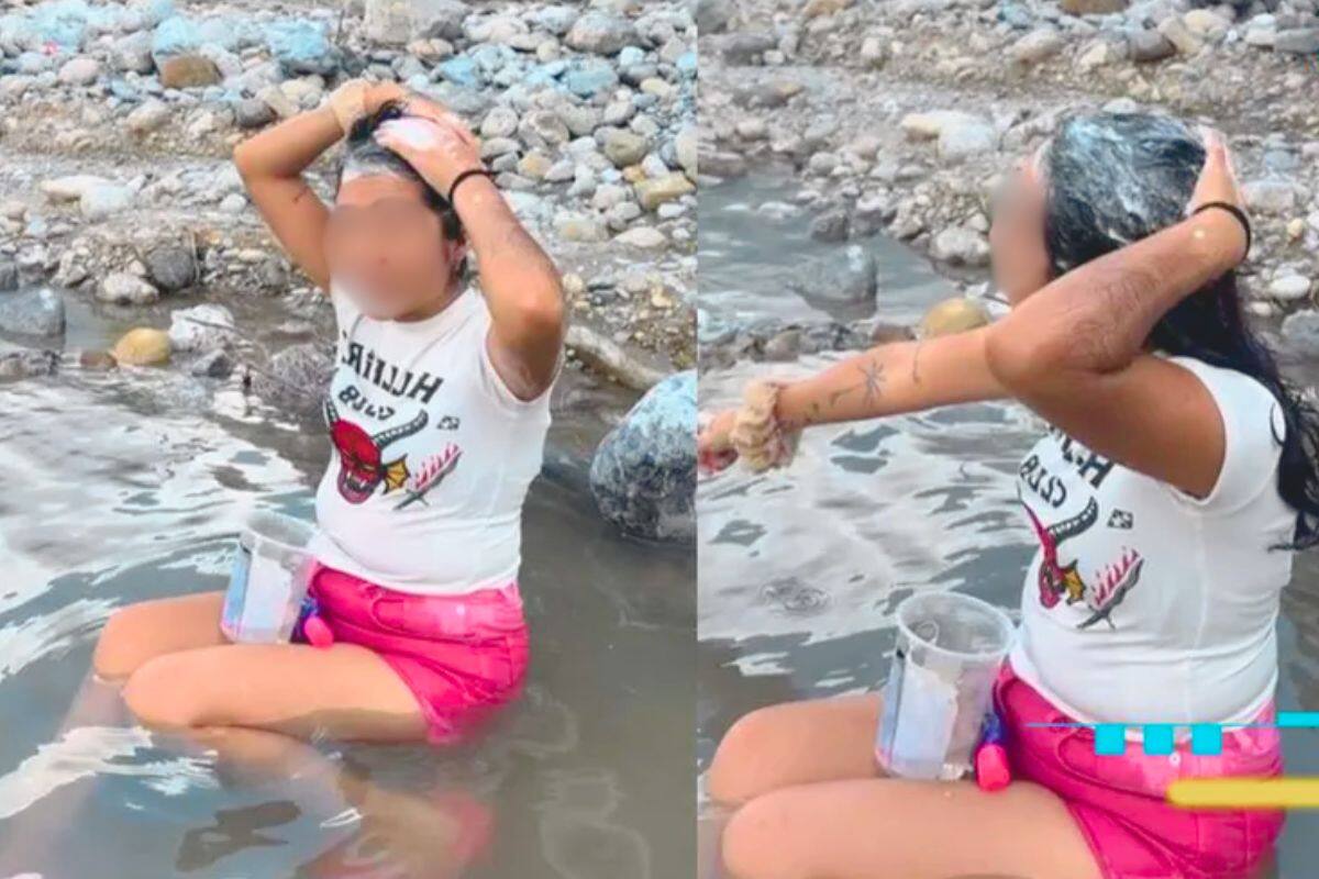 VIDEO: Mujer regia se baña en río Santa Catarina ante falta de agua en Monterrey