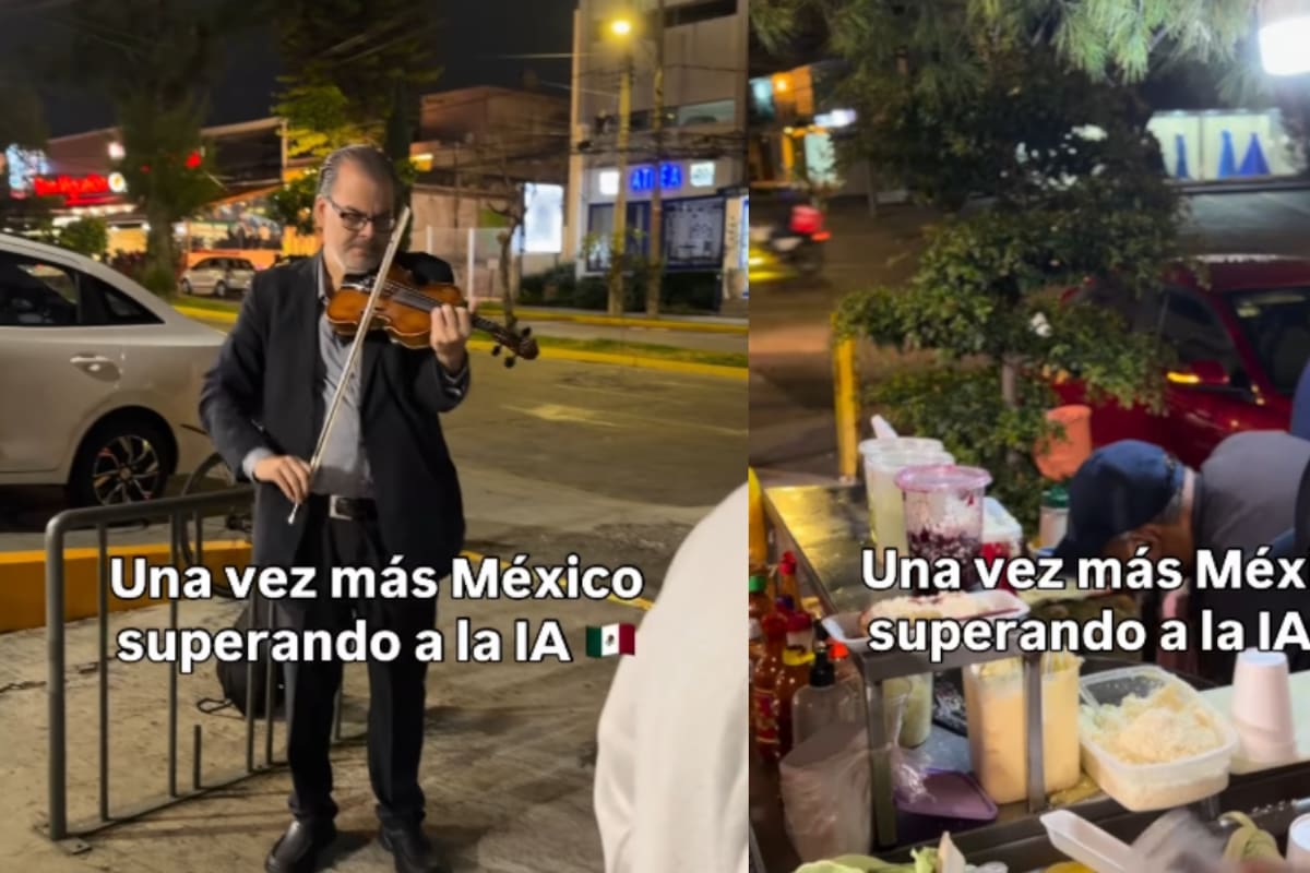 Violinista toca frente a un puesto de elotes y el contraste demuestra cómo México supera a la IA en momentos así