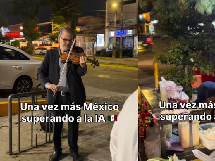 Violinista toca frente a un puesto de elotes y el contraste demuestra cómo México supera a la IA en momentos así