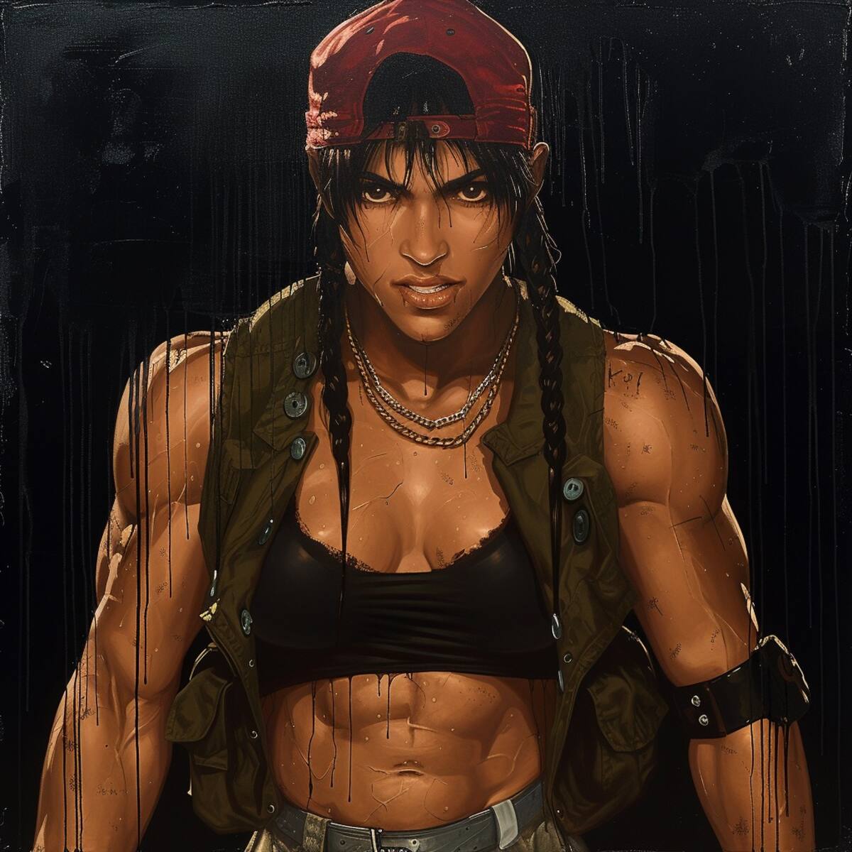 La IA nos presenta a la Ralf femenina: fuerte, hermosa y lista para la batalla con estilo militar.