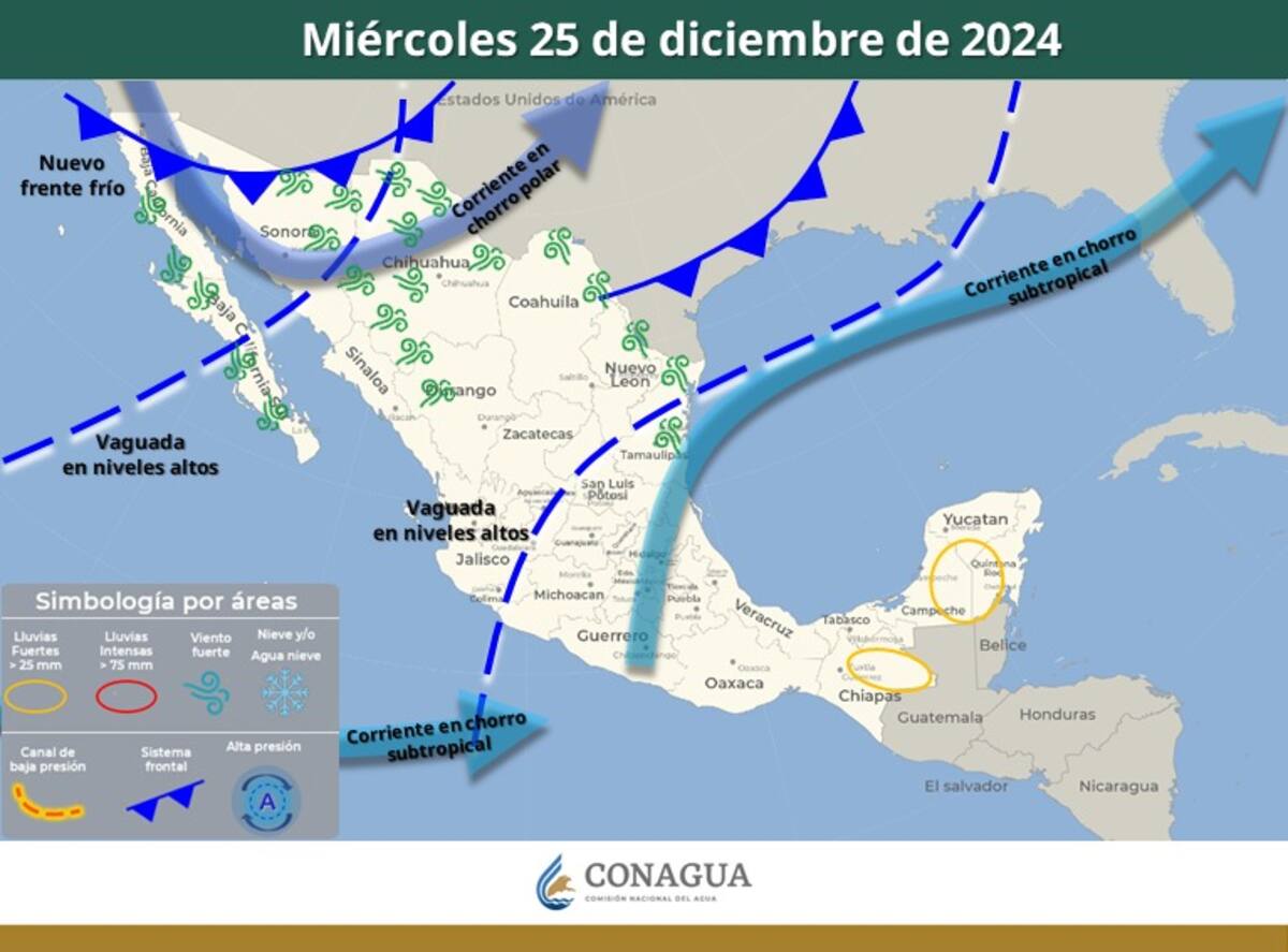 El Servicio Meteorológico Nacional (SMN) emitió una alerta por la llegada de un frente frío el 25 de diciembre, que provocará un descenso de temperaturas, lluvias fuertes y vientos intensos en varias regiones de México.