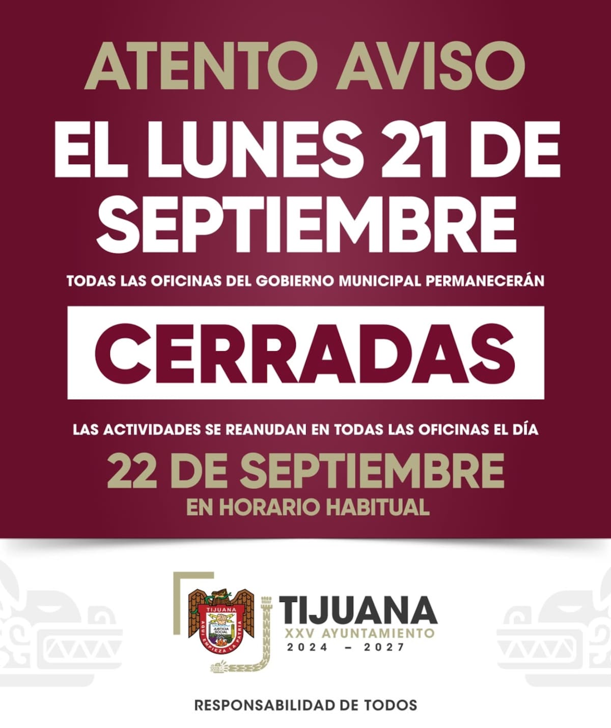 Comunicado del Ayuntamiento de Tijuana en el que se informa sobre la suspensión de labores del lunes 21 de septiembre y las dependencias que mantendrán guardias. Foto: Cortesía