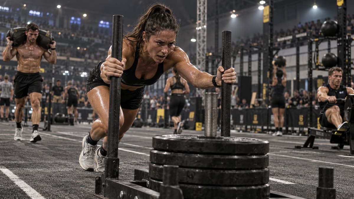 El Sled Push es una de las pruebas más exigentes de HYROX, donde los atletas deben empujar un trineo con peso durante 50 metros. (Foto: Imagen generada con IA)