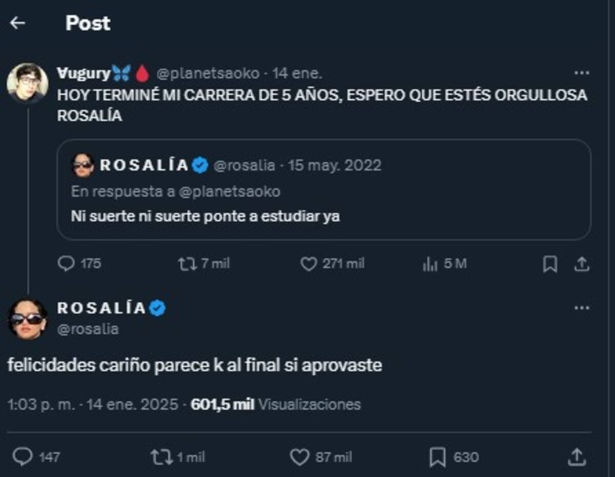 Rosalía felicita a su fan por concluir sus estudios / Cuenta de X: @planetsaoko