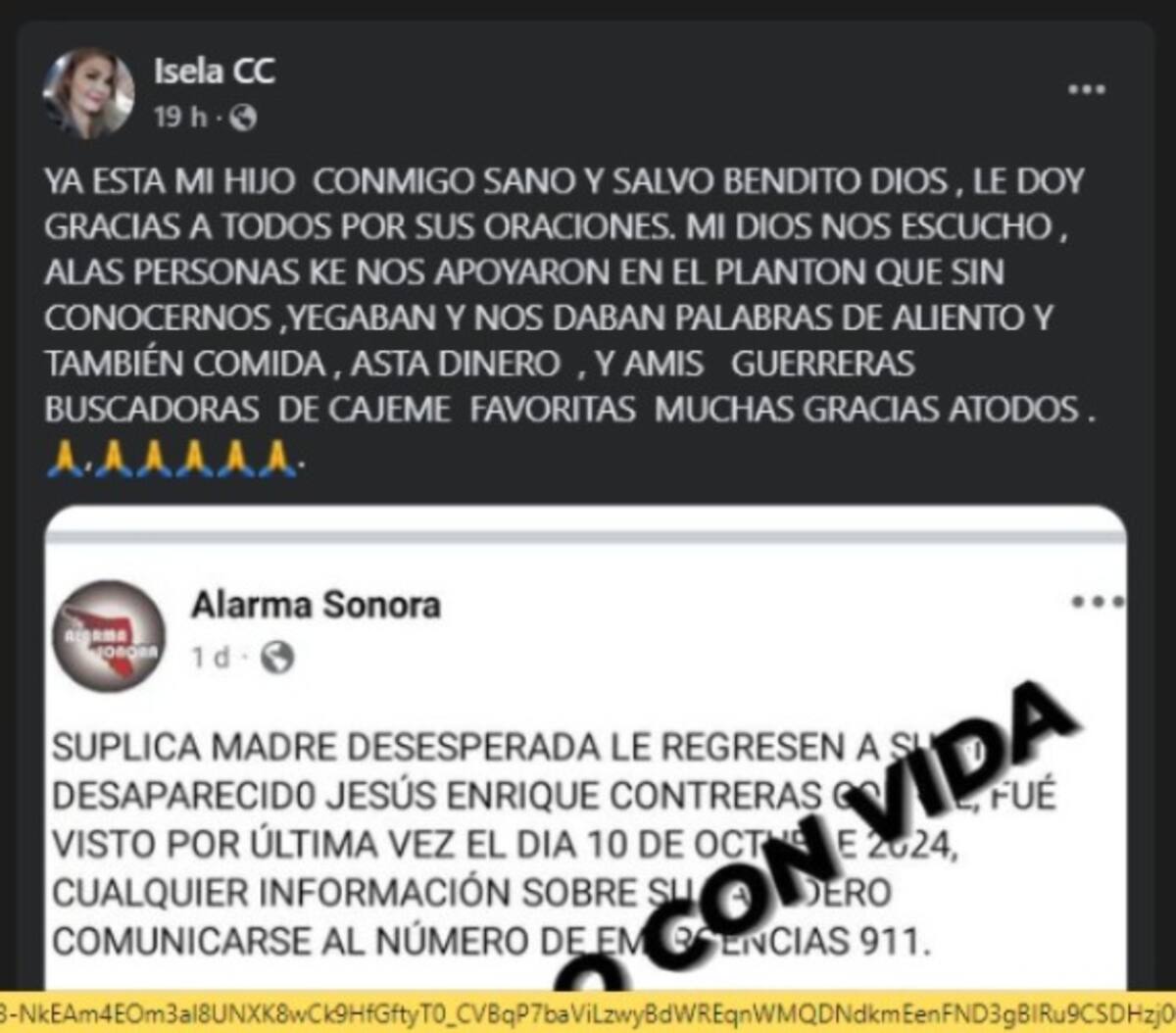 Familiares de Jesús Enrique agradecen por su aparición.