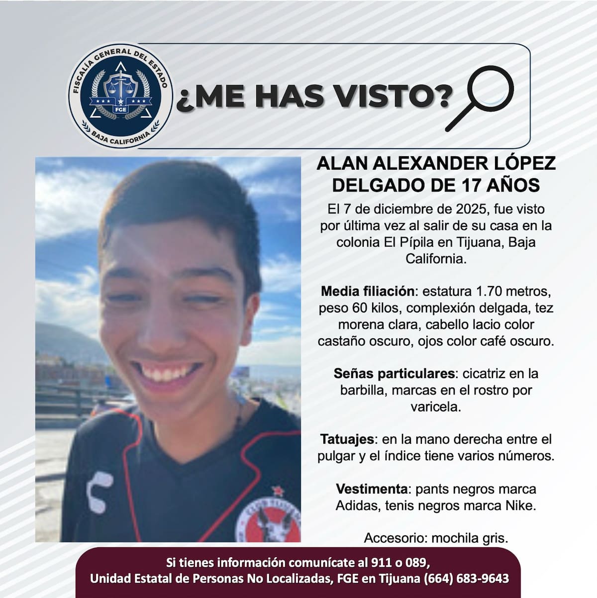 Fue visto por última vez 7 de diciembre de 2025.