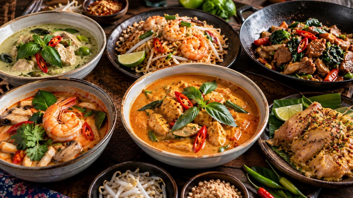 Platillos de la cocina tailandesa donde el chile se integra durante la preparación, como currys, sopas, salteados y carnes marinadas, junto con hierbas, especias y otros ingredientes aromáticos. | Crédito: Imagen hecha con IA de ChatGPT