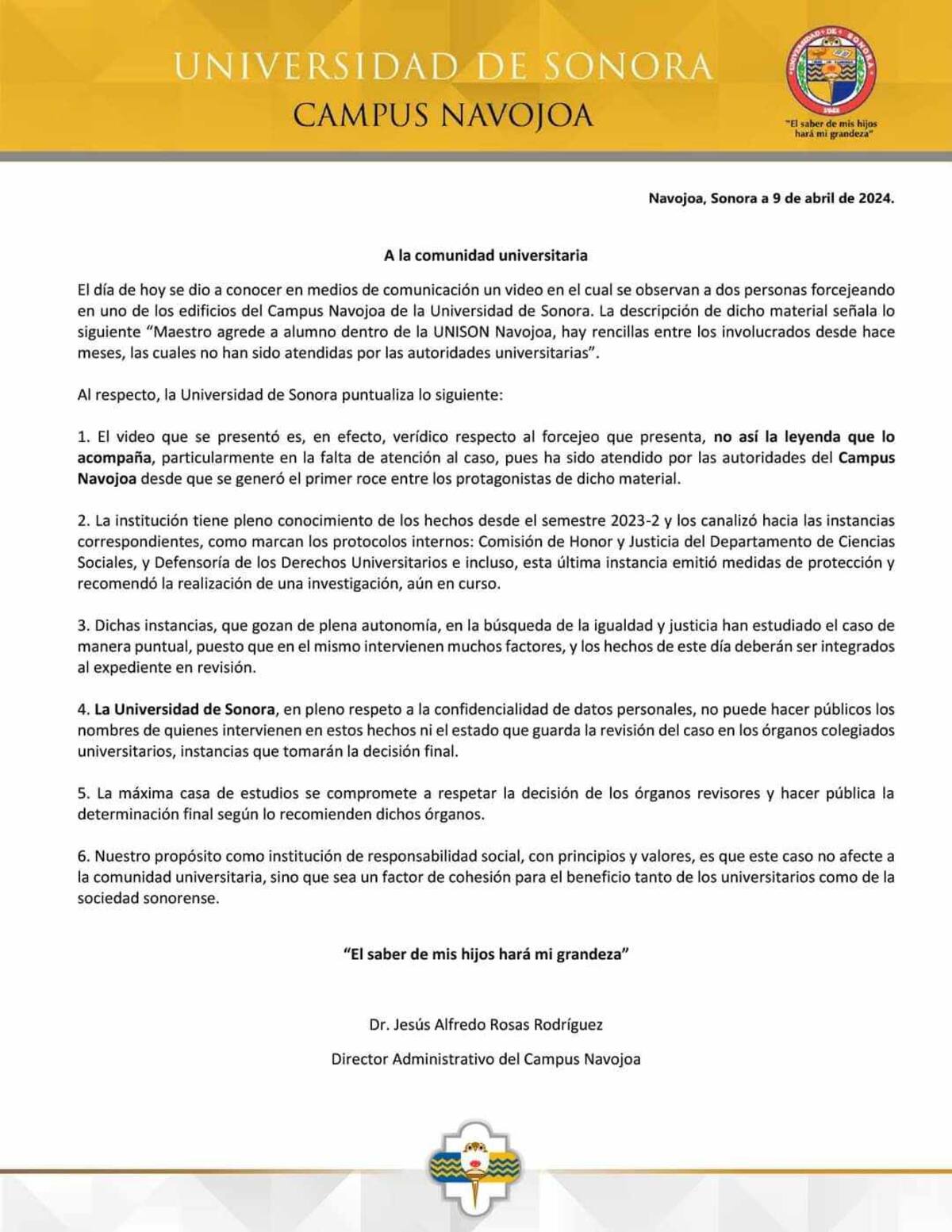Comunicado de la Unison