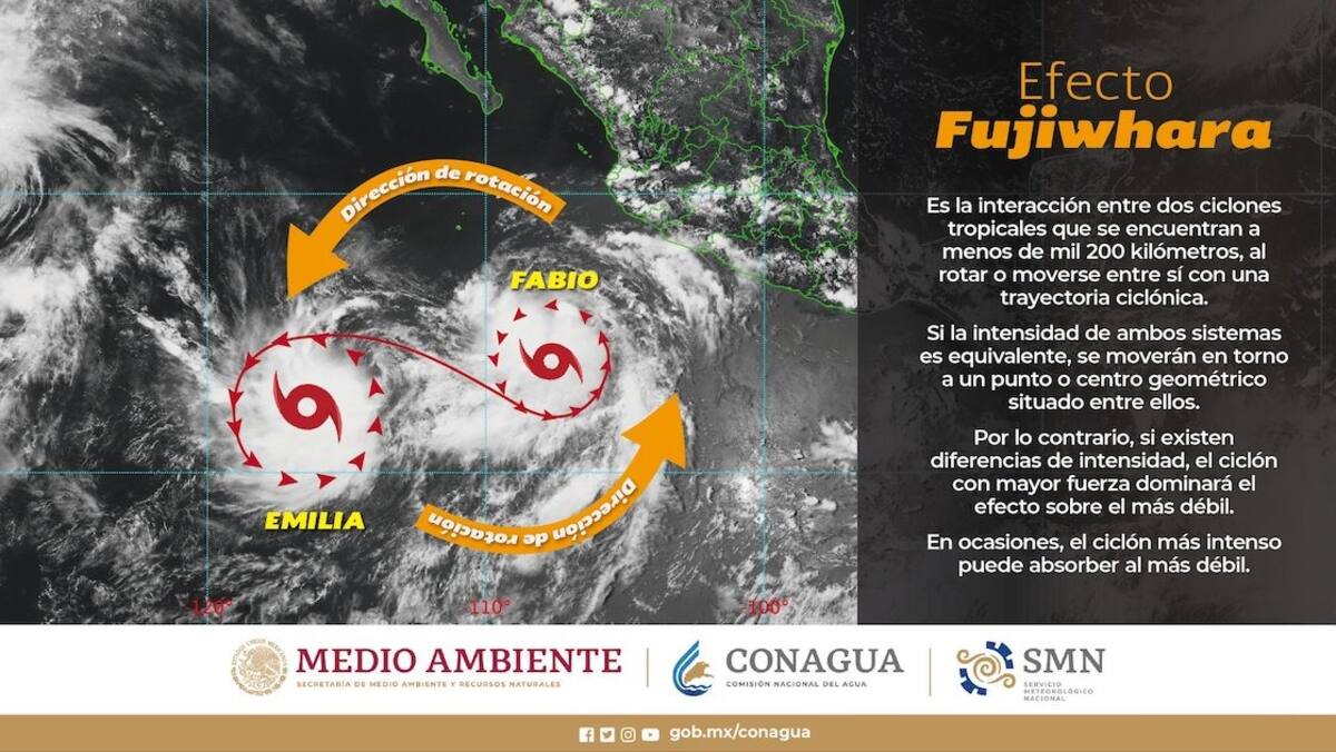 La explicación de Conagua del 'Efecto Fujiwhara', que los ciclones Emilio y Fabio podrían formar.