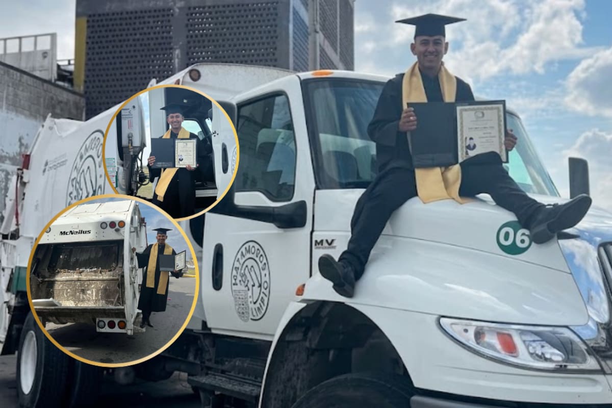 José Israel Hernández Chávez trabajó cinco años como recolector de basura para pagar su carrera de Derecho; al graduarse volvió al camión que sostuvo sus estudios para celebrar el logro junto a sus compañeros