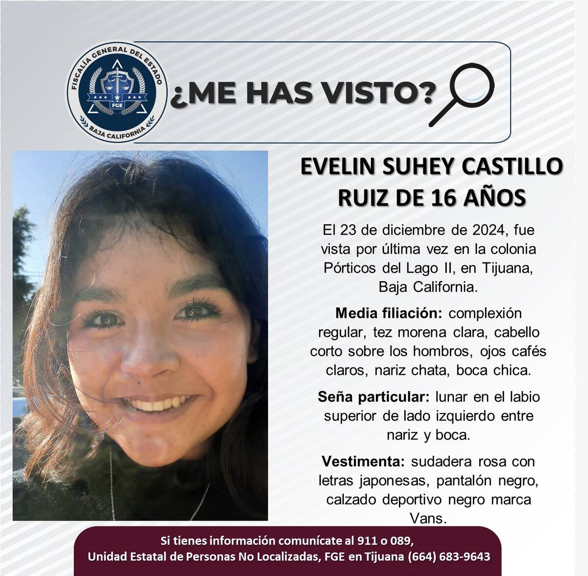 Evelin Suhey Castillo Ruiz fue vista por última vez el 23 de diciembre del 2024.