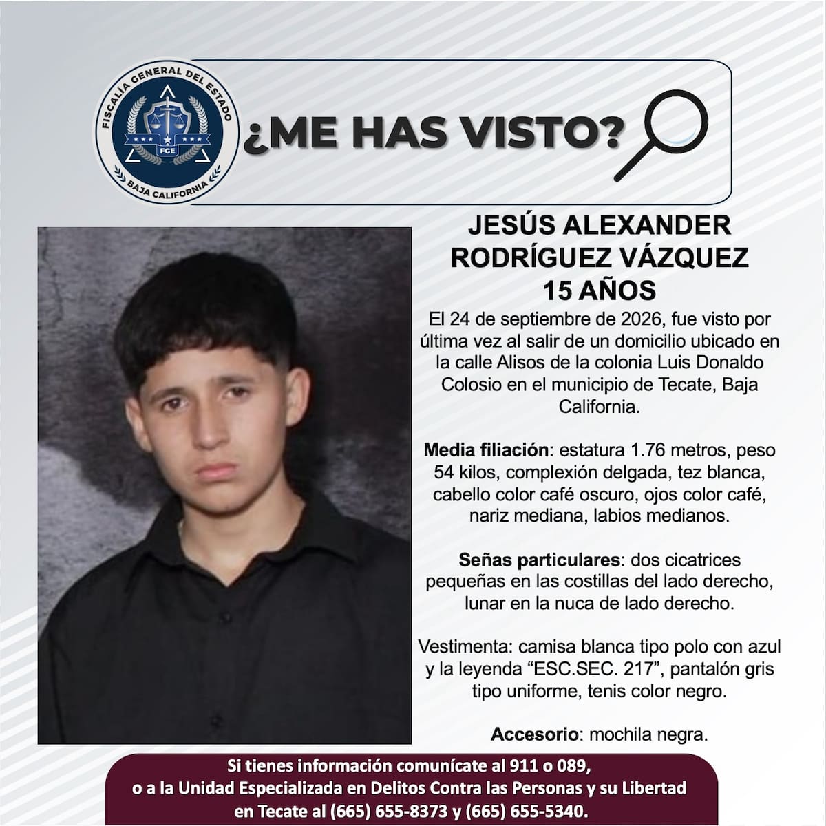 Jesús Alexander Rodríguez Vázquez fue visto por última vez el 24 de septiembre de 2026 al salir de un domicilio en la colonia Luis Donaldo Colosio, en Tecate. Foto: Cortesía