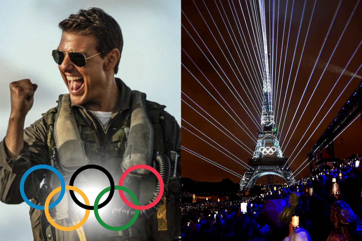 Tom Cruise se prepara para un truco en la ceremonia de clausura de los Juegos Olímpicos