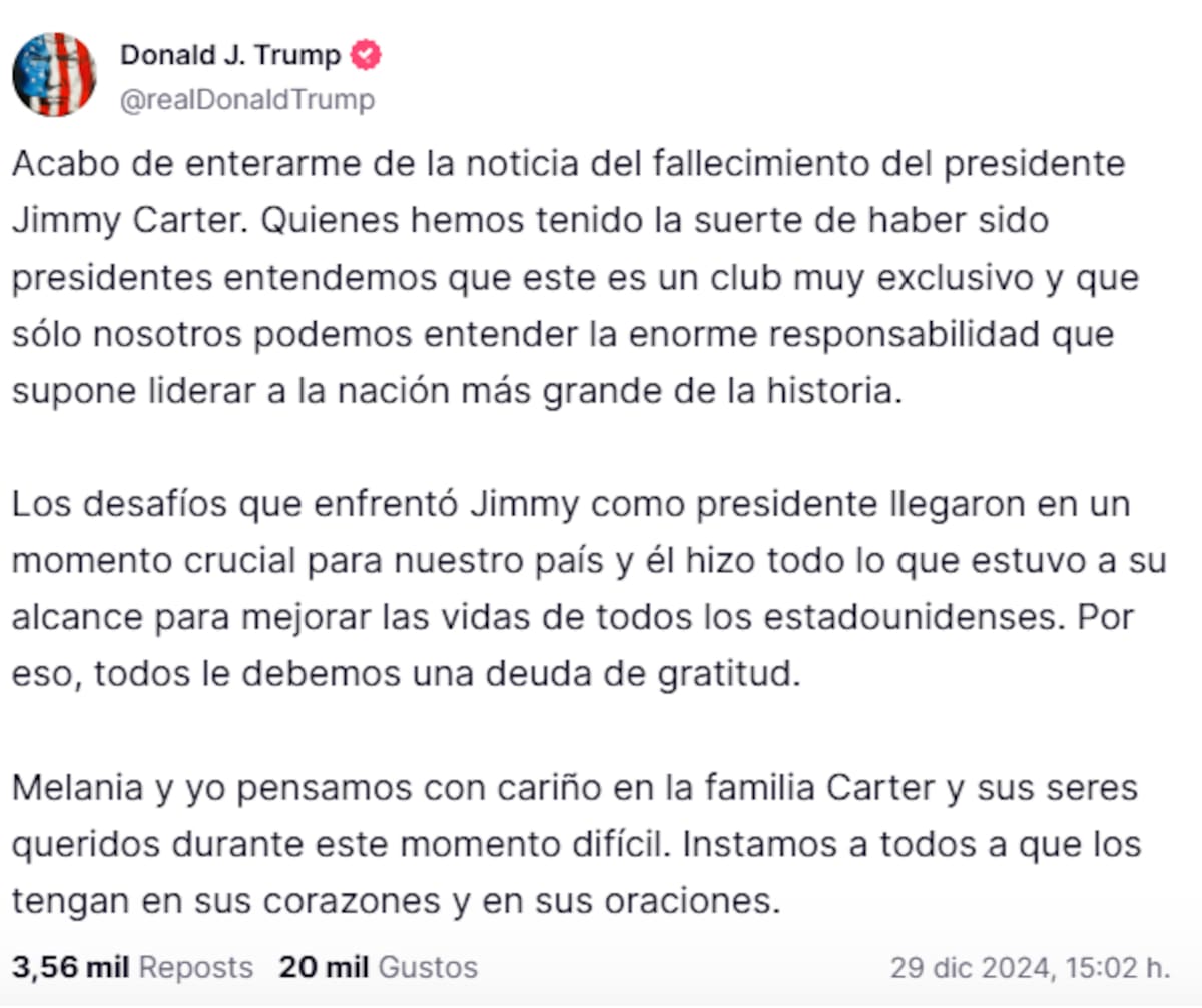 Post de Donald Trump a través de su red social Truth Social.