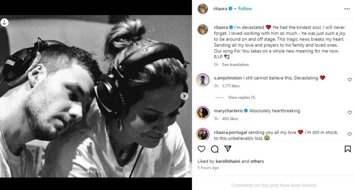 El conmovedor mensaje de Rita Ora tras el fallecimiento de Liam Payne