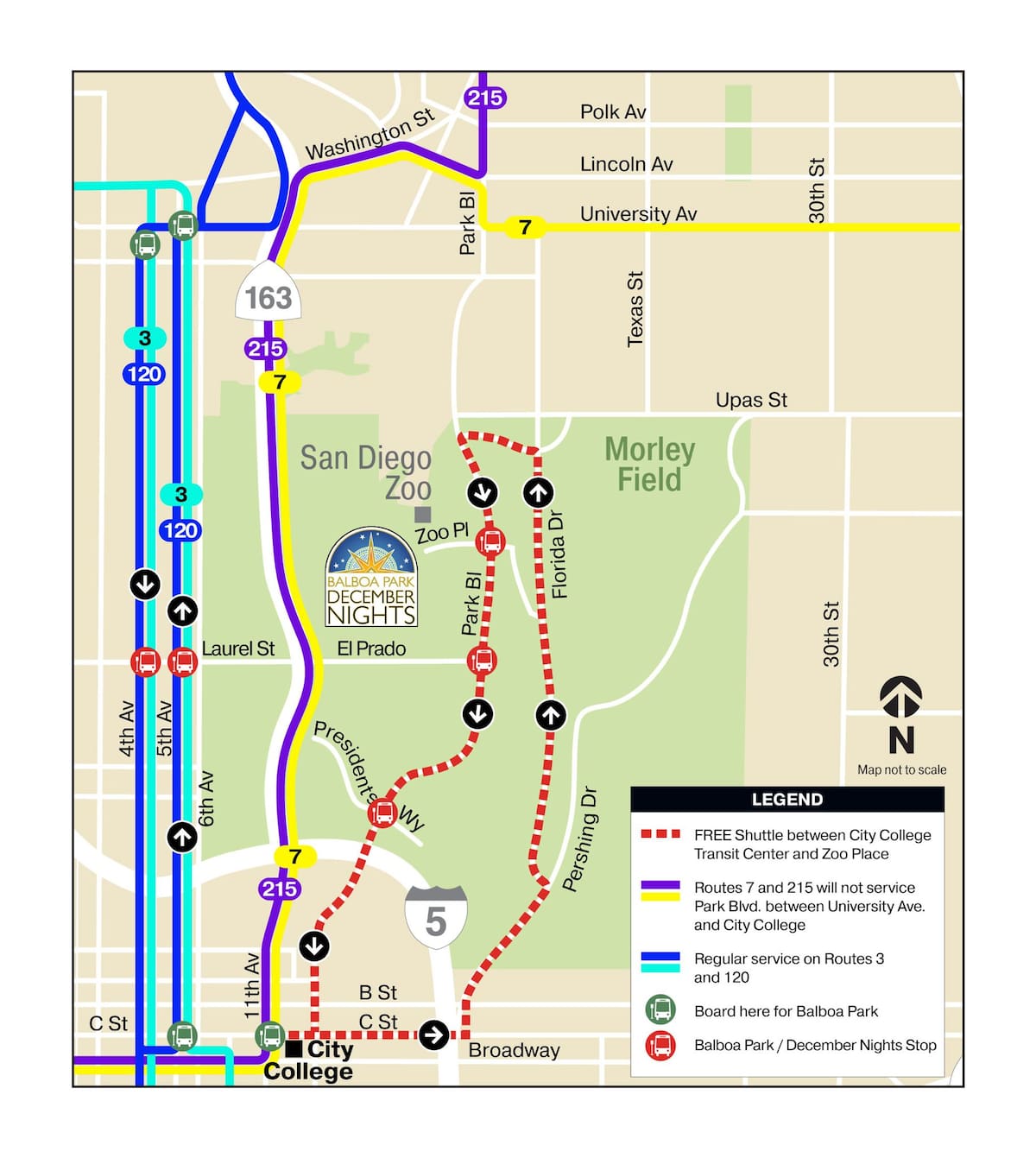 Habrá un servicio gratuito entre City College y Balboa Park para facilitar la llegada a December Nights, que espera más de 300 mil asistentes. Foto: Cortesía
