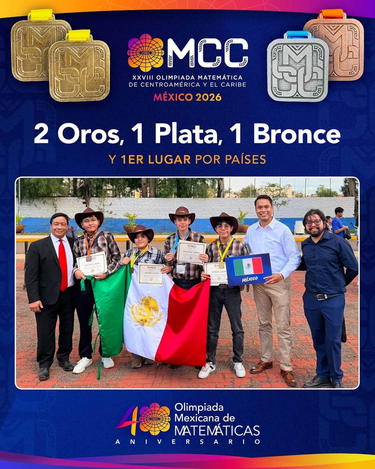 Maia Berenice Díaz Mondragón, Carlos Santiago López Figueroa, Ignacio Ostos Aponte y José Antonio Vega Sánchez sumaron 128 puntos, por encima de Costa Rica y Cuba. | Foto: Olimpiada Mexicana de Matemáticas