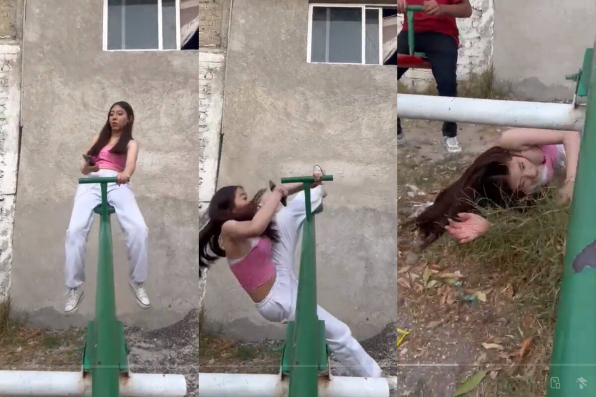 Por estar con el celular, esta joven sufre tremenda caída del subibaja | TikTok