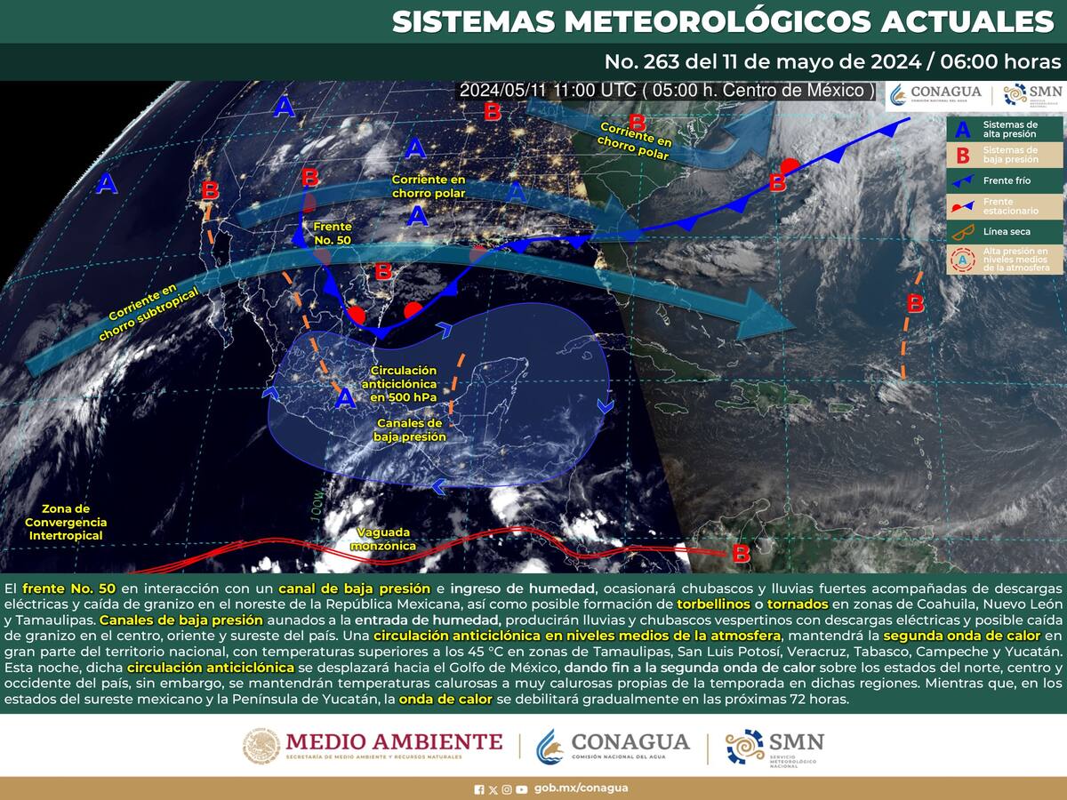 Gráfica que indica como el Frente Frío interactuará en territorio mexicano