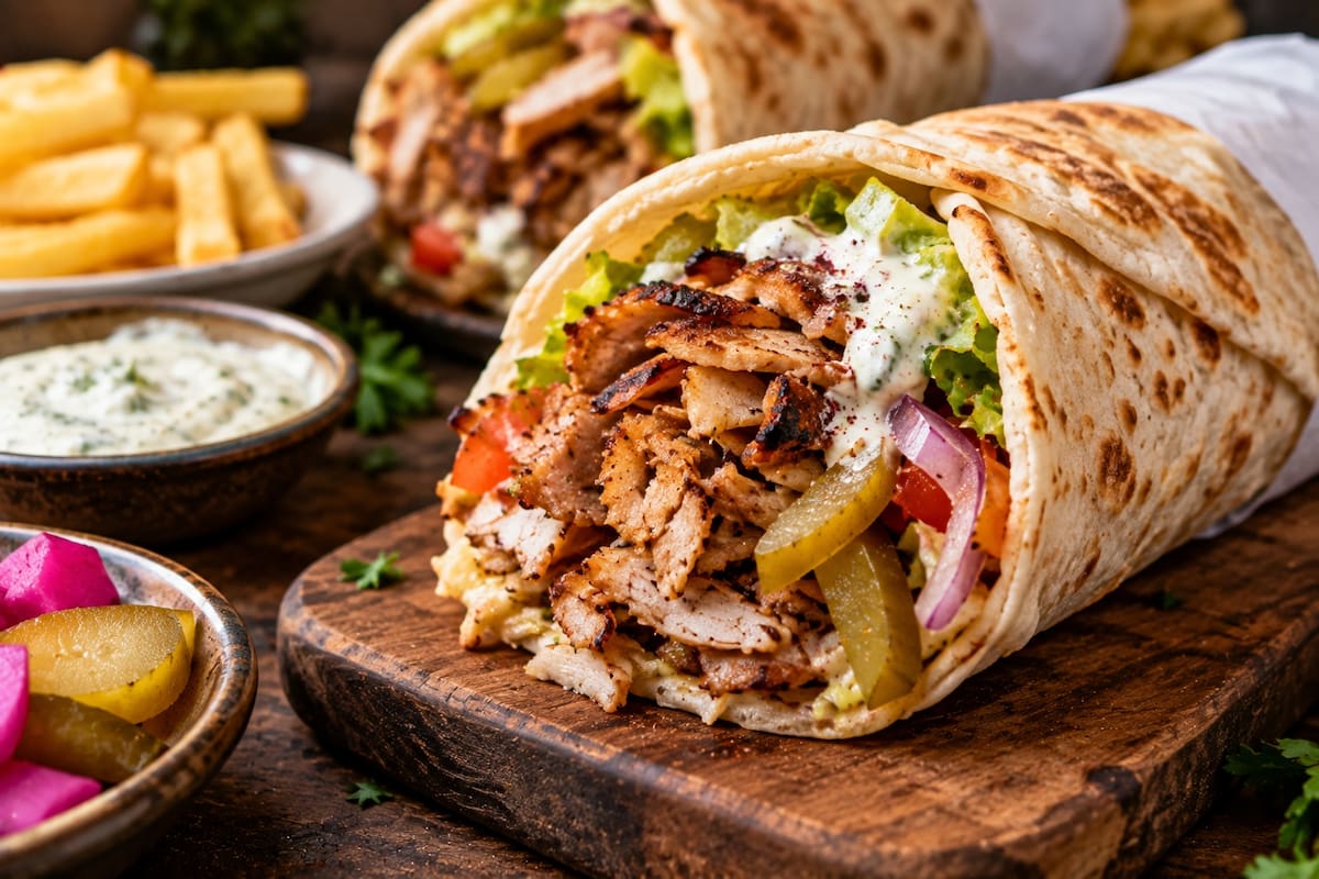 El shawarma suele servirse en pan plano con carne cortada del asador vertical, además de verduras, encurtidos y diferentes salsas. | Crédito: Imagen hecha con IA de ChatGPT