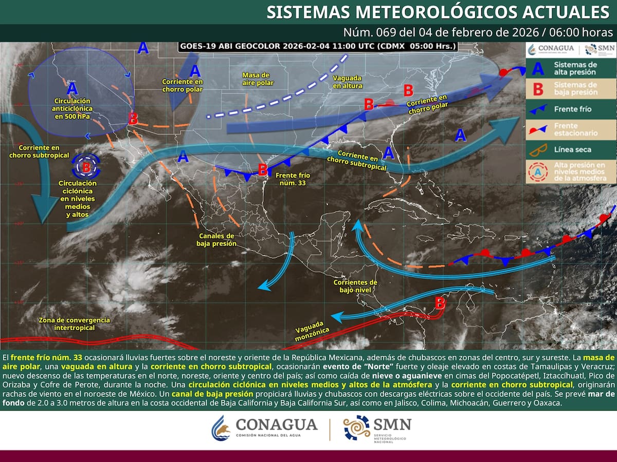 El SMN mantiene vigilancia sobre el avance del frente frío 33 y sus efectos. Para información actualizada, recomienda consultar sus reportes oficiales en los canales de la Conagua.