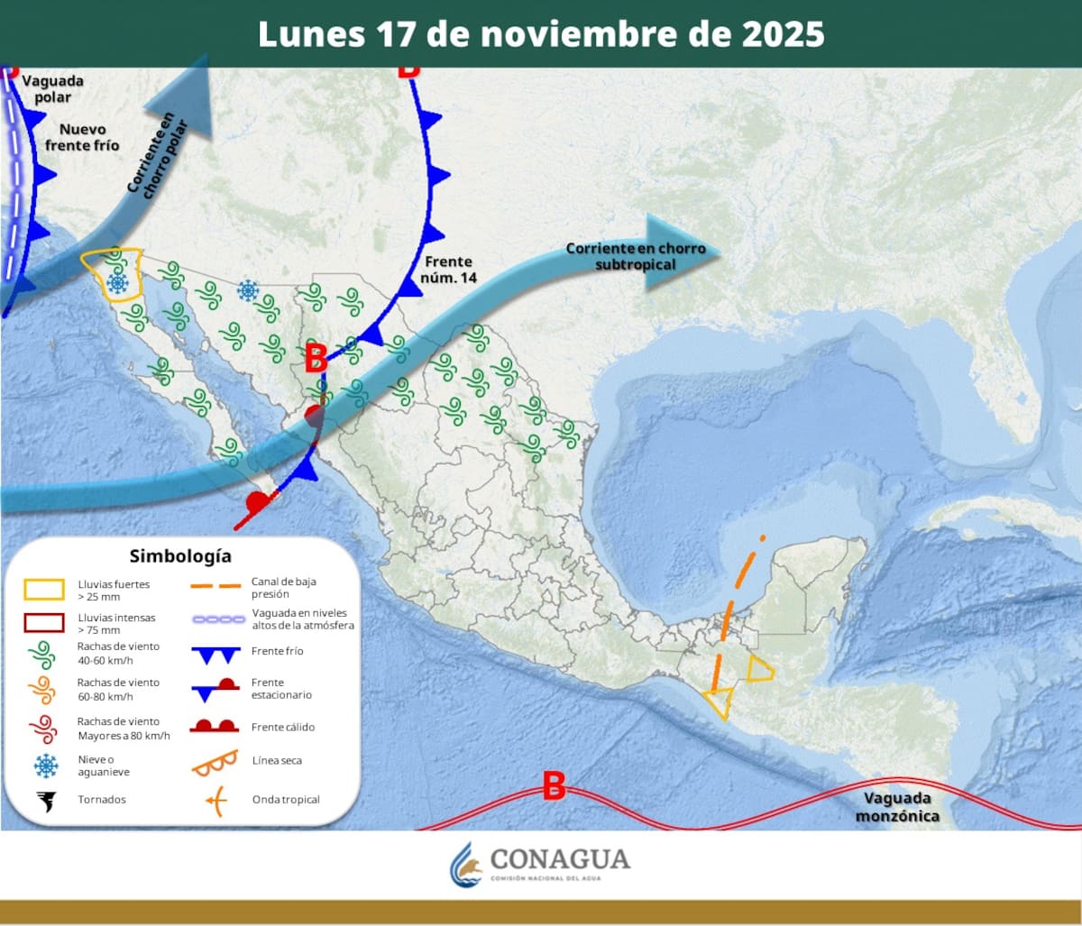 Pronóstico del clima para el lunes 17 de noviembre del 2025. | Crédito: SMN