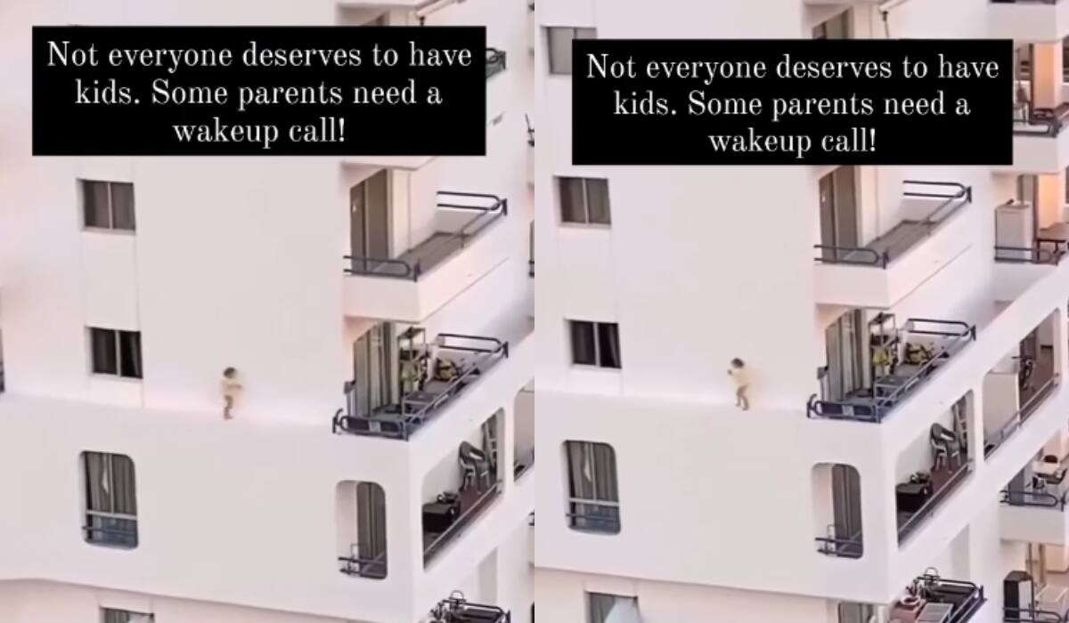 ‘Su madre estaba en la ducha cuando pasó’: Captan a bebé saliendo por la ventana de un edificio y caminando sobre el barandal