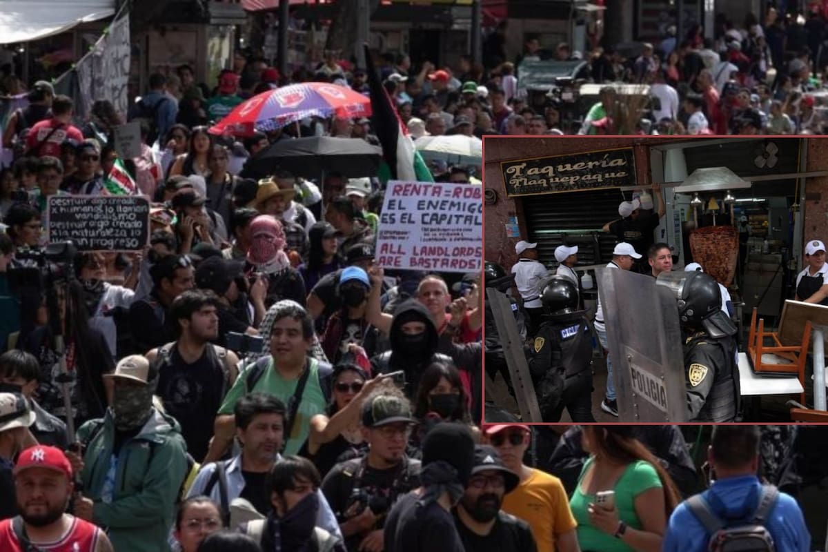 Taquería se protege con barricada de sillas y mesas durante la marcha contra la gentrificación en la CDMX