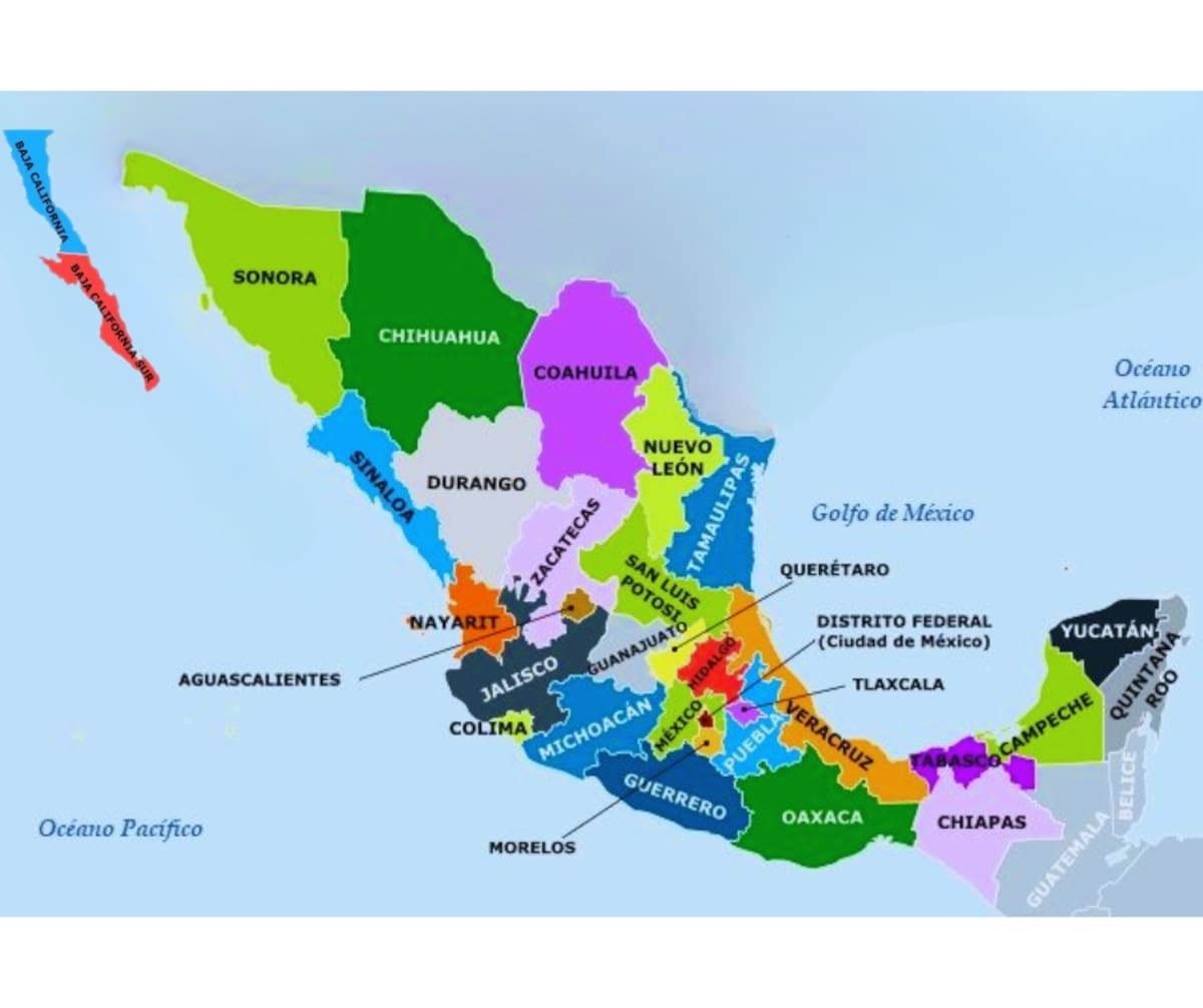 Mapa de México con división política, con la Península de Baja California separada. Foto: Especial (editada con IA)