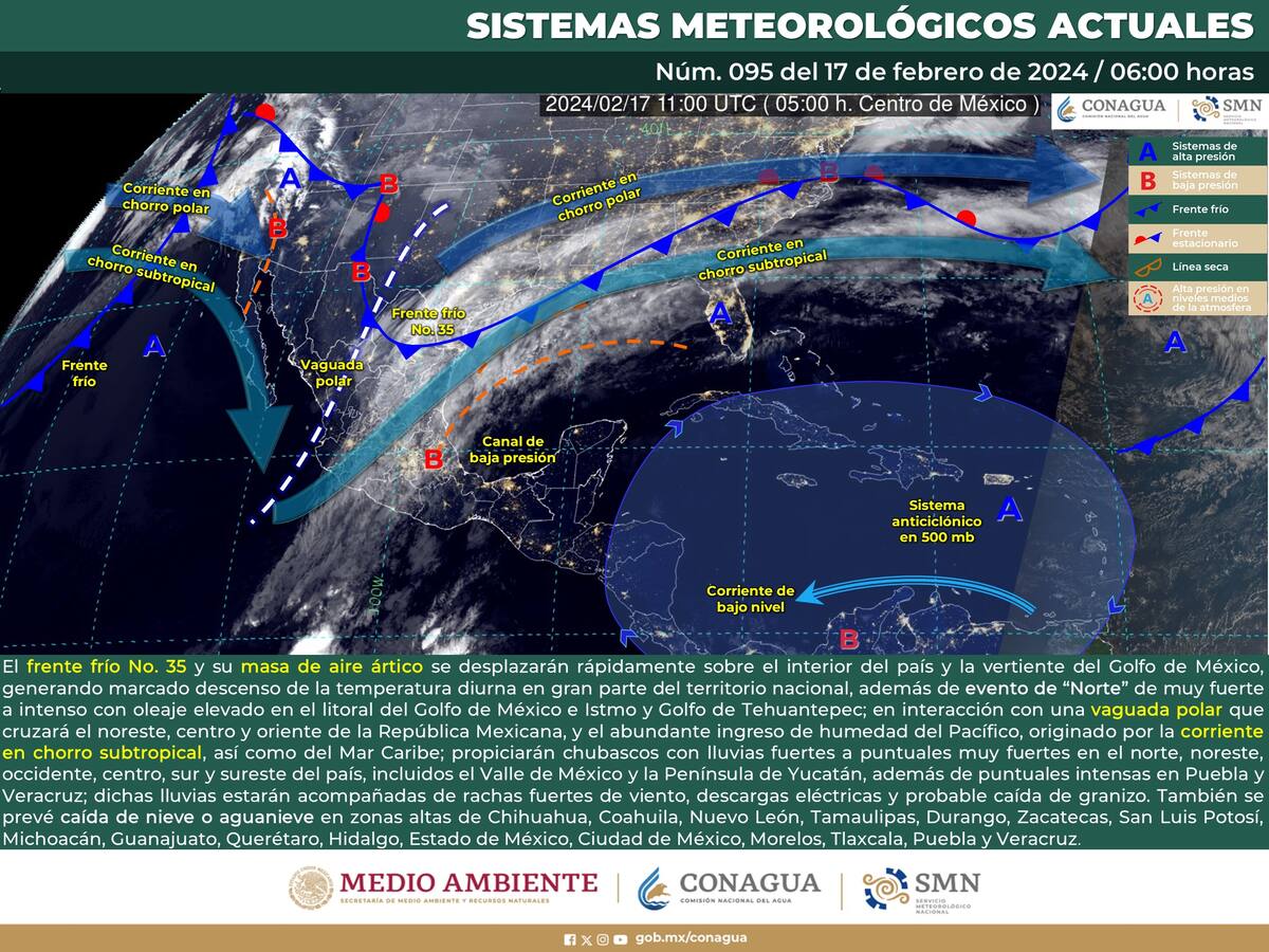 Recorrido del Frente Frío 35 por México, según esquema de Conagua.