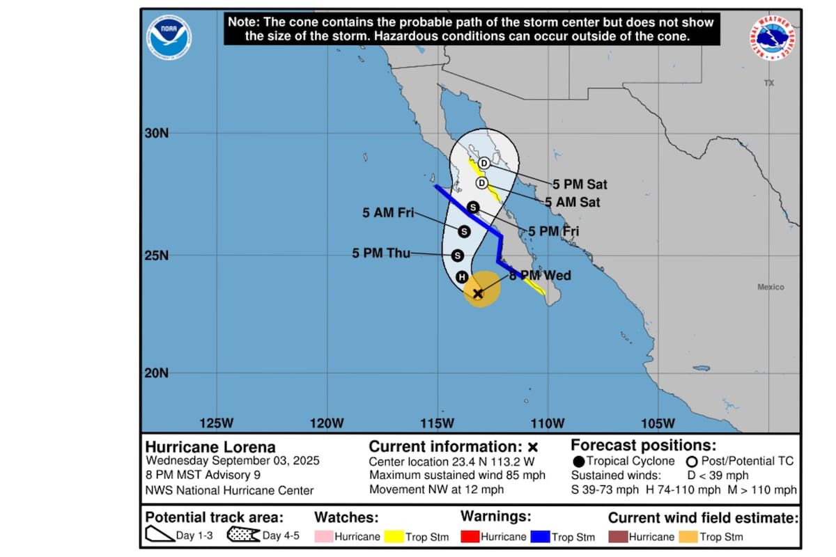 CNH ajusta posible trayectoria del Huracán Lorena en México y hay cambios importantes para Sonora