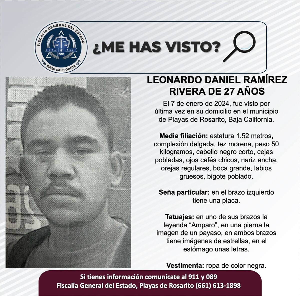Leonardo Daniel Ramírez Rivera fue visto por última vez el 7 de enero de 2024.