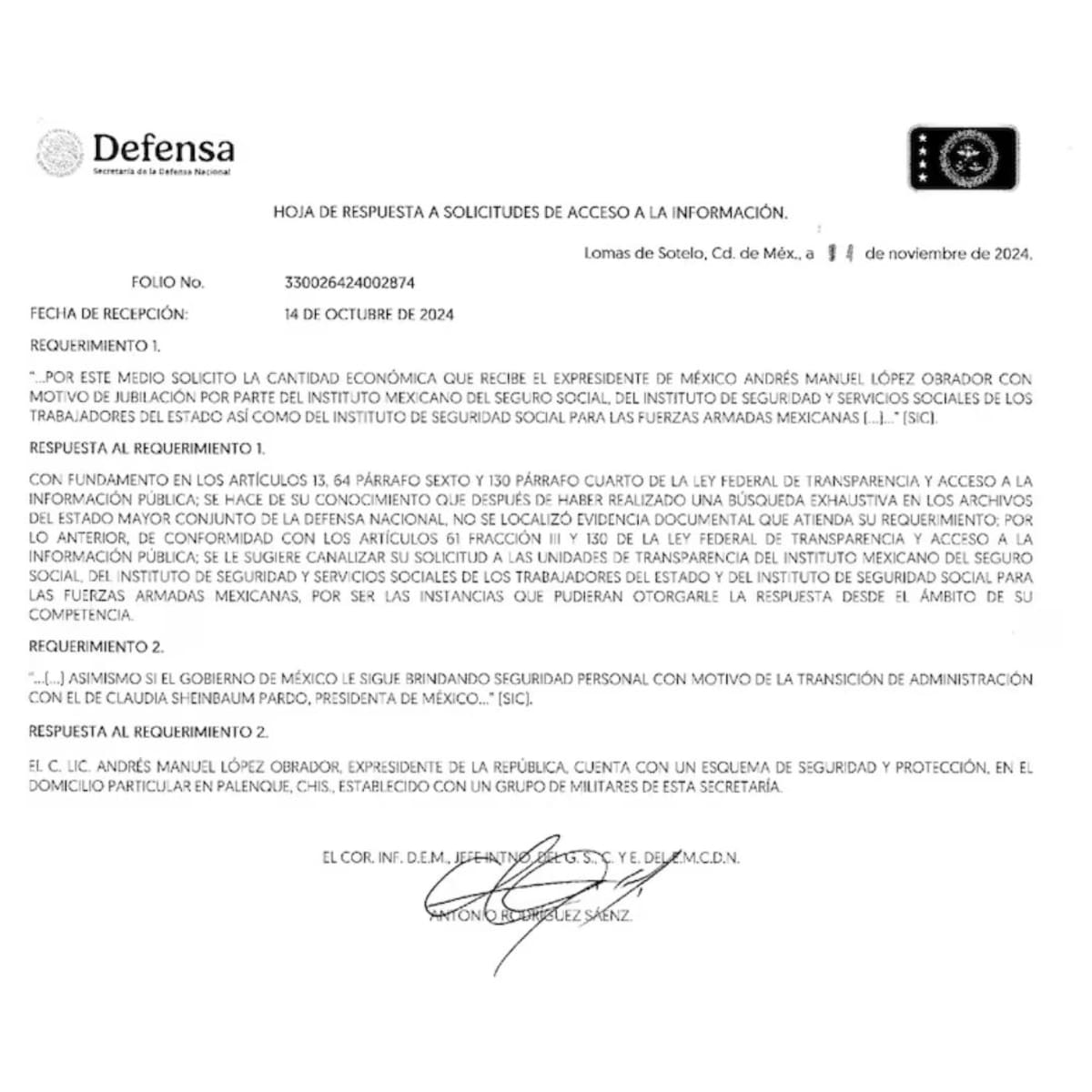 Respuesta de solicitud de información de DEFENSA sobre protección de AMLO a El Universal. Foto: Especial (El Universal)