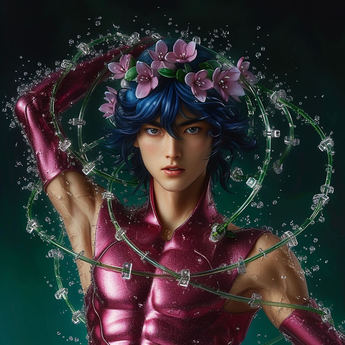 La inteligencia artificial imagina a Shun con cadenas, recordando sus habilidades icónicas, en una reinterpretación visual que fusiona lo clásico con lo futurista.