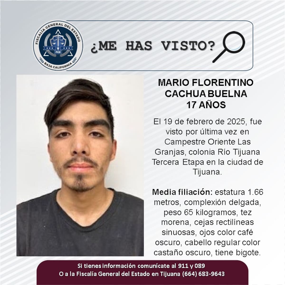 Mario Florentino Cachua Buelna fue visto por última vez el 19 de febrero del 2025.