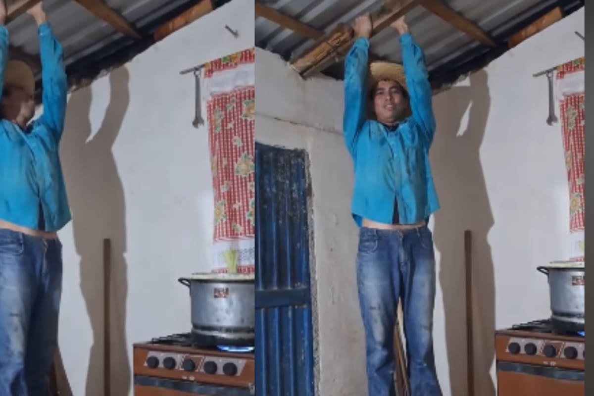“Aquí estoy deteniendo el tejabán”: hombre se cuelga del techo de lámina para que no se lo lleve el viento