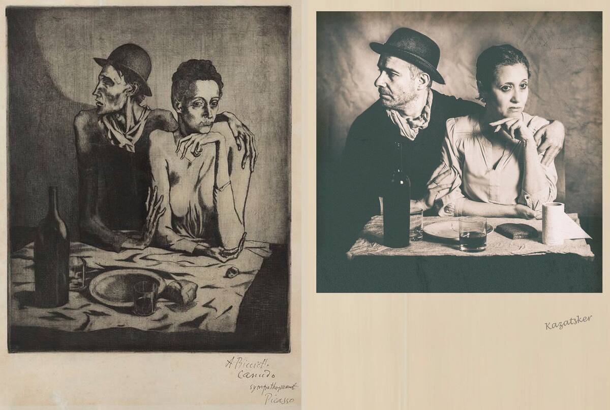 En esta combinación aparece una reprpoducción sin fecha del cuadro "La cena frugal" de Pablo Picasso y la recreación realizada por Irena Kazatsker para la página Izoizolyacia en Facebook, en Nueva Escocia, Canadá, 8 de abril de 2020. (Irena Kazatsker via AP)