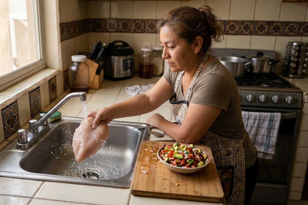 Lavar el pollo crudo puede dispersar bacterias en la cocina: qué recomienda el USDA para manipularlo y cocinarlo de forma segura