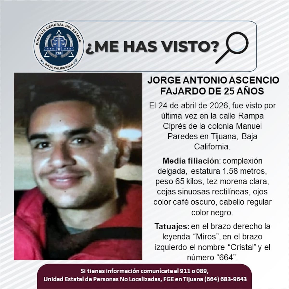 Fue visto por última vez el 24 de abril de 2026.