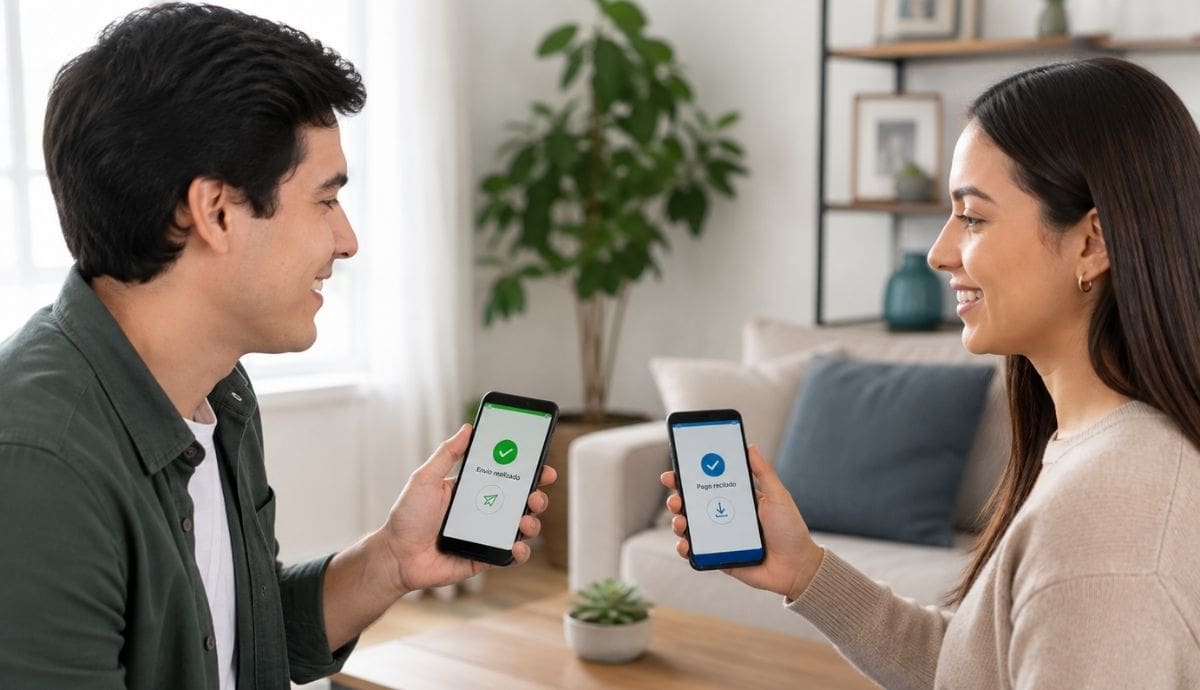 Dos personas muestran las pantallas de sus teléfonos celulares tras confirmar una transferencia electrónica de dinero realizada desde la aplicación bancaria móviles.