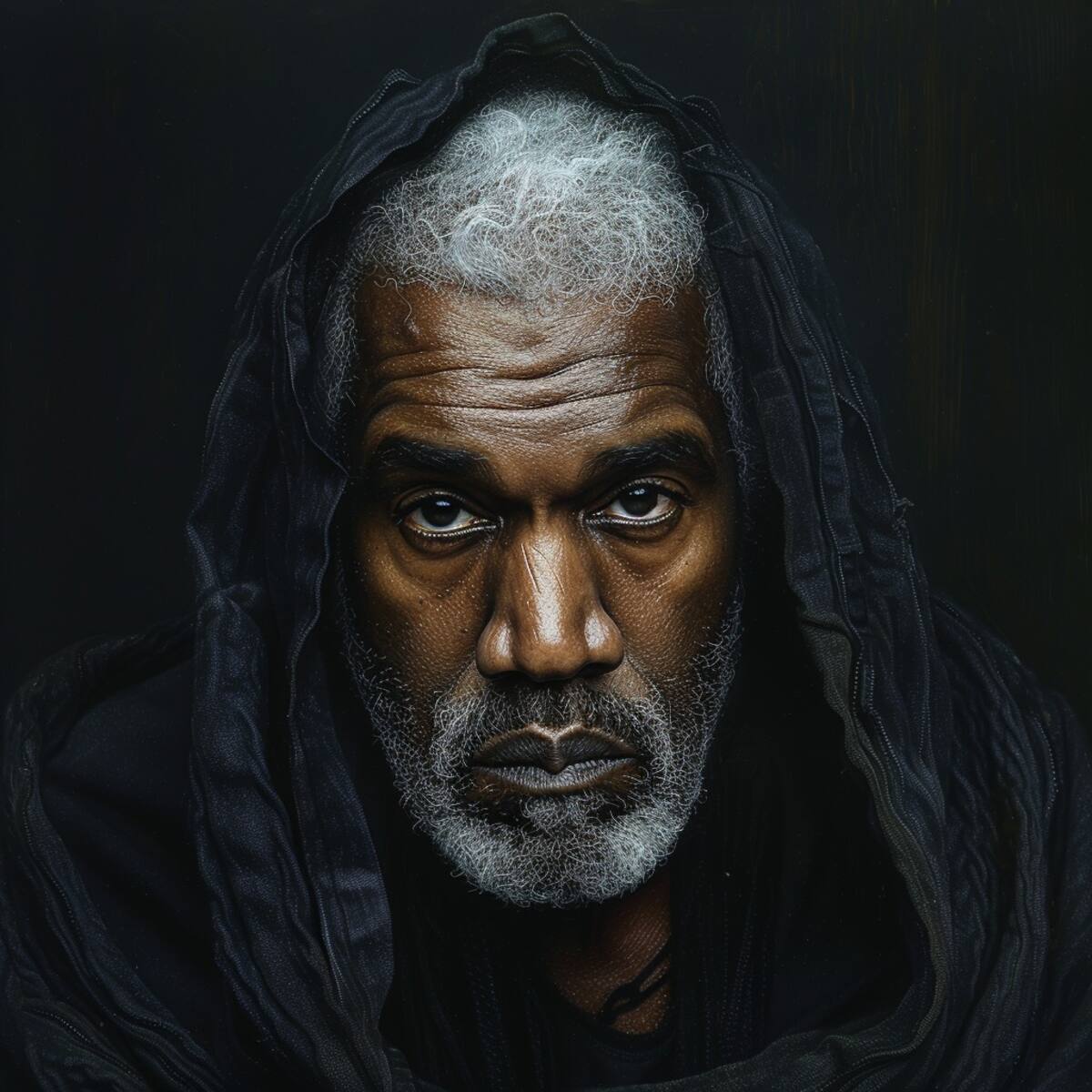 La IA de Midjourney envejece a Kanye West con gracia, mostrando canas y arrugas, pero resaltando su eterno sentido de la moda y estilo.