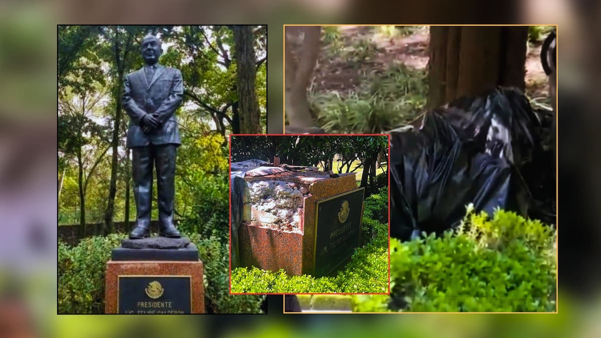 Cae estatua de Felipe Calderón en Los Pinos tras fuerte lluvia. Foto: Especial (X)