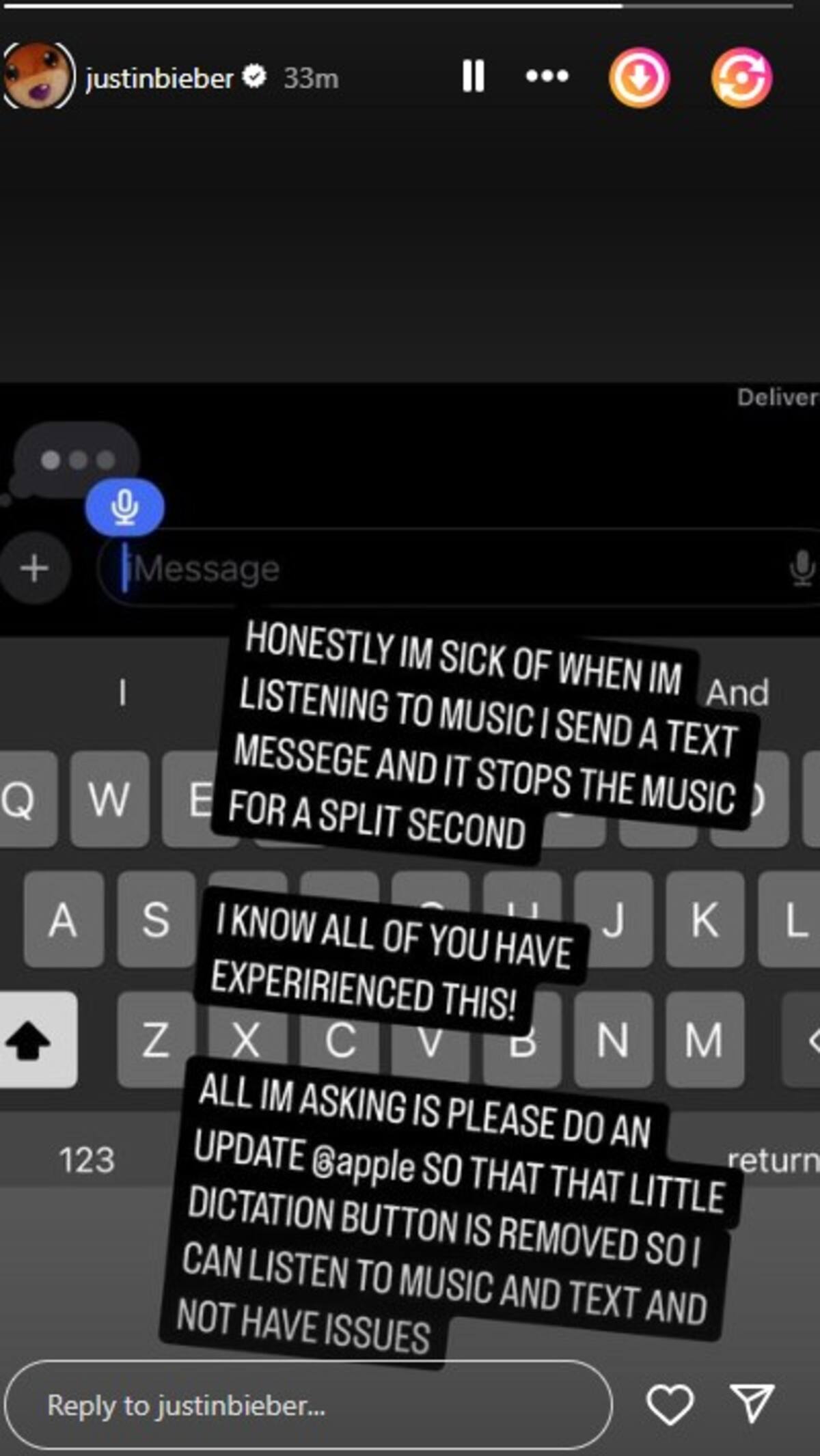 Justin Bieber pide a Apple un cambio en su interfaz de mensajes.