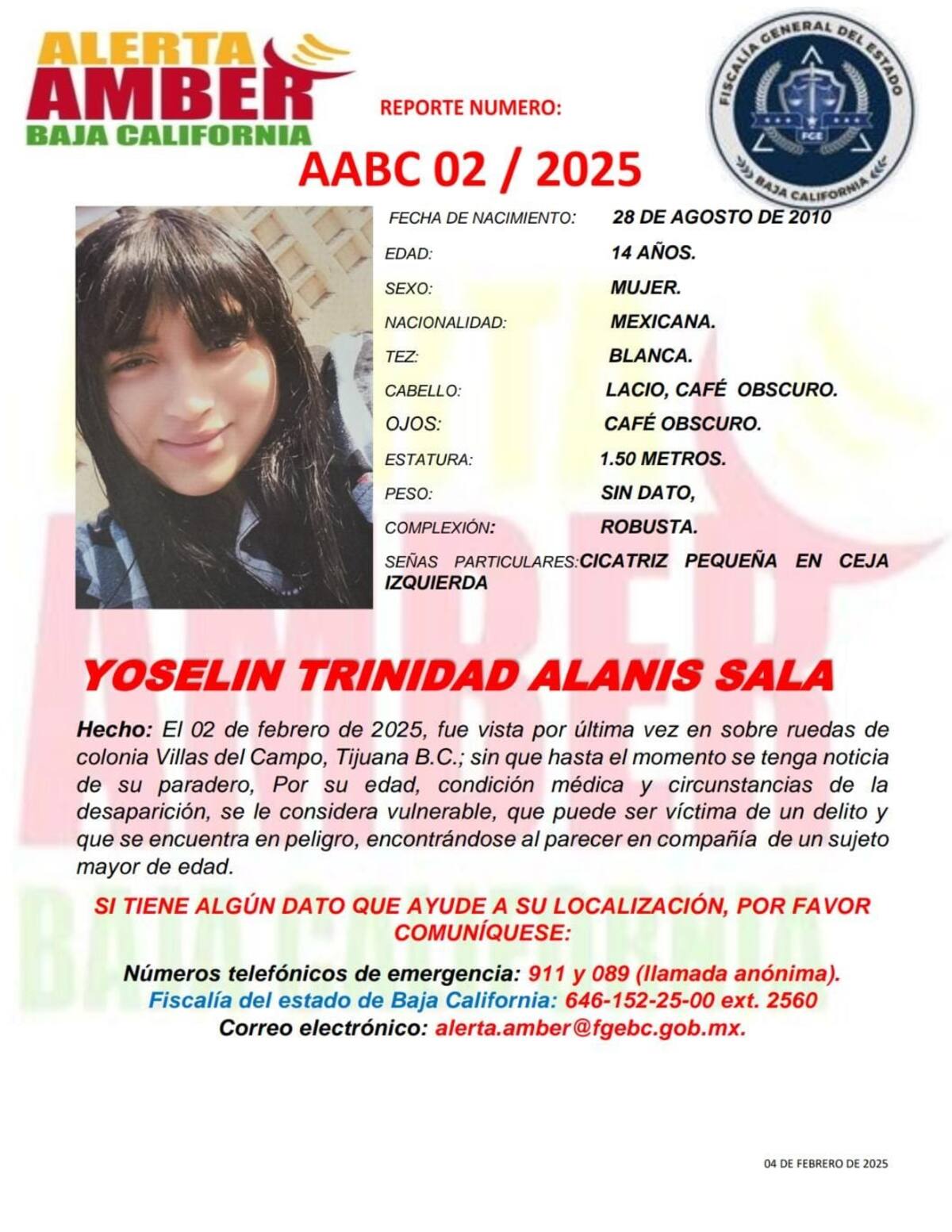 Alerta Amber de Yoselin Trinidad Alanís Salas, de 14 años.